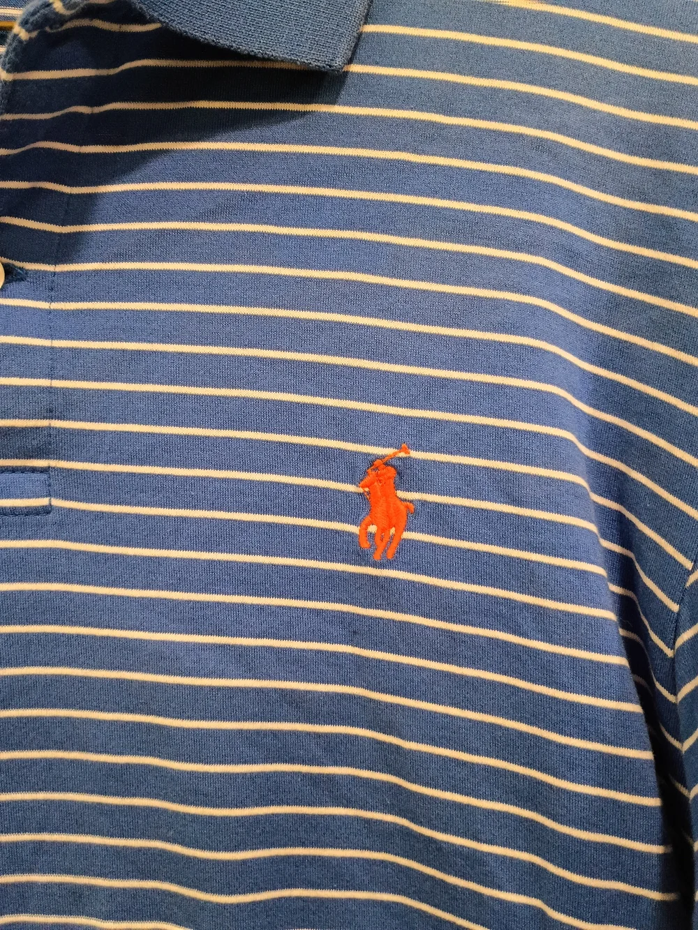 Ralph Lauren Blue and White Striped Polo with Orange Pony